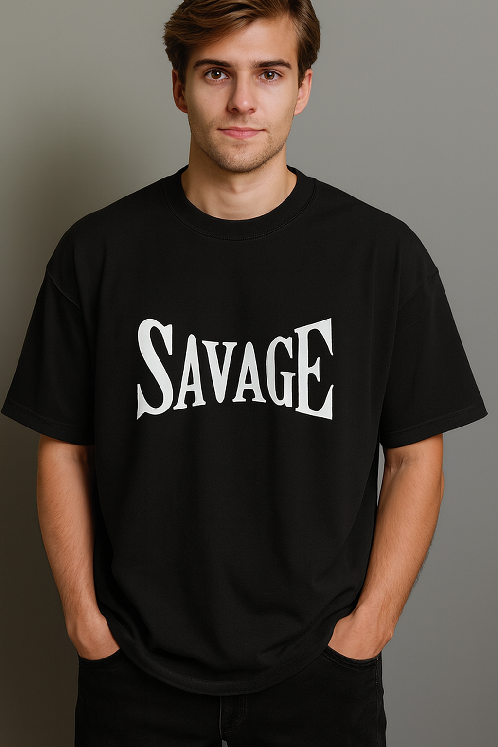 men's round neck black color oversized T shirt