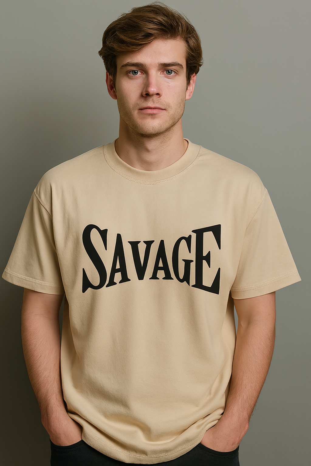 men's round neck beige color oversized T shirt