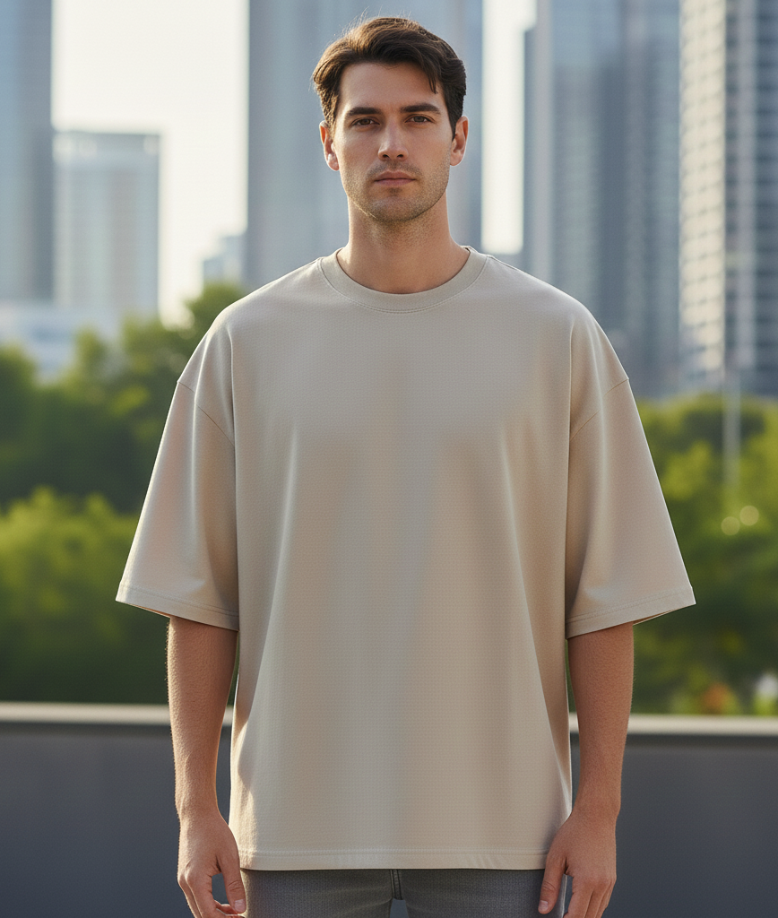 Men's Solid Cotton Beige Oversized T-Shirt