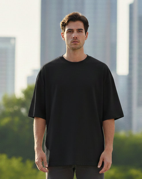 Men's Solid Cotton Black Oversized T-Shirt