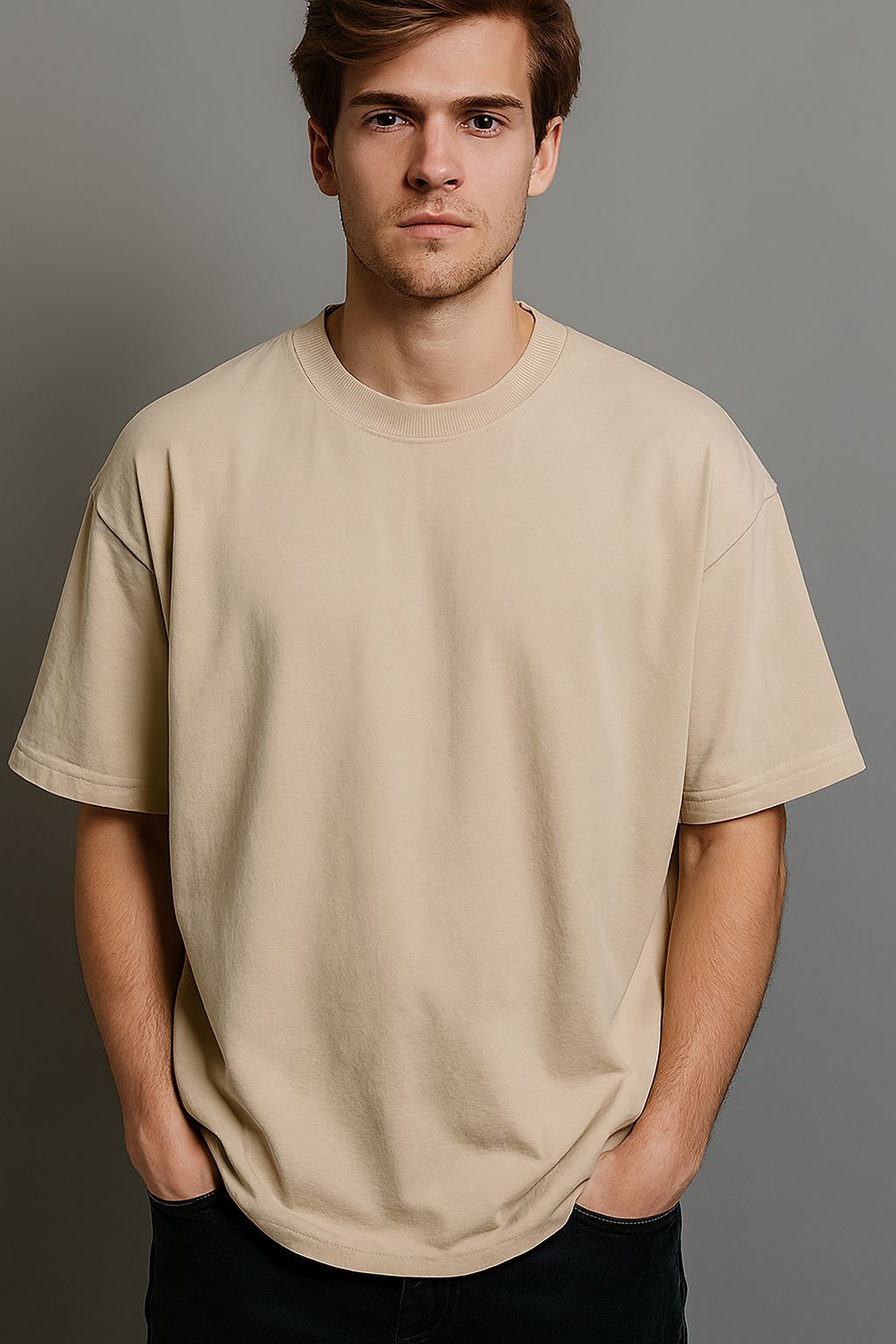 Men's Beige Oversized/Loose Fit Crew Neck T-Shirt