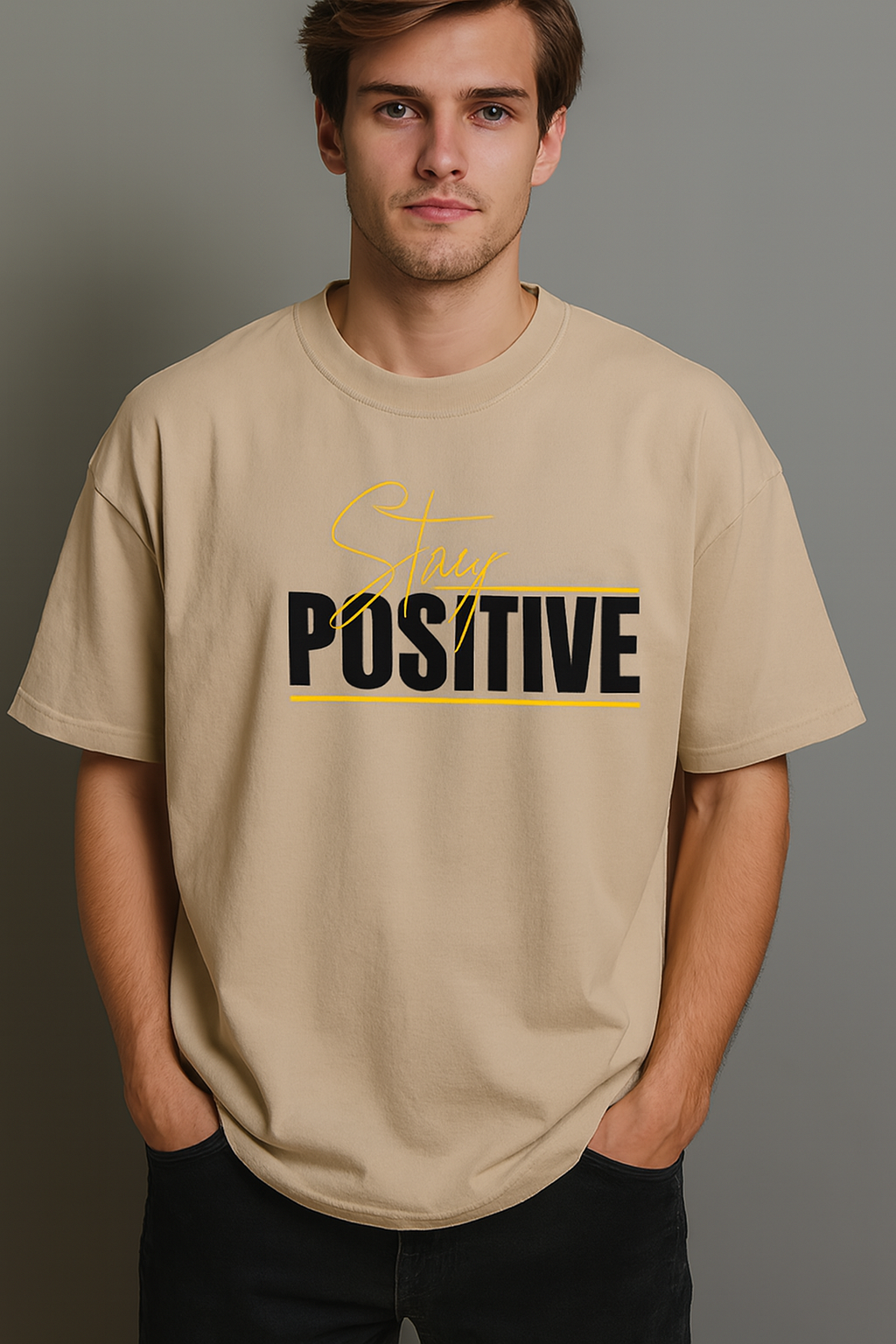 Men's Beige Oversized/Loose Fit Crew Neck T-Shirt